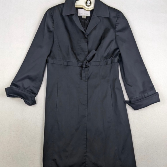 New Women’s Nine West Trench Rain Coat Jacket Full Button Satin Tie Black Medium - Picture 1 of 4
